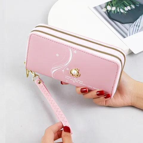 Women Pearl Crown Long Wallet Faux Leather Double Zipper Large Capacity Clutch Bag With Snowflake Print And Wristlet Purse