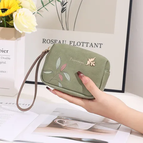 Portefeuille Court pour Femme en Cuir PU avec Imprimé Floral Décoration d'Oiseau en Métal Porte-monnaie Multifonctionnel Mini Pochette