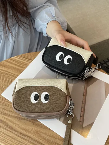 Vera Pelle di Vacchetta Pieno Fiore Orecchini Portamonete da Polso con Occhi Cartone Animato per Donna Patchwork Color Block