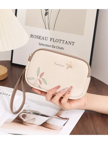Fashion Women's Double Zipper Clutch Bag Long Wallet Painted Leaf Print Phone Pouch With Wristlet Strap PU Leather Handbag