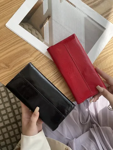 Portafoglio Lungo da Donna in Vera Pelle di Vacchetta con Trama Crepata Clutch Ultrasottile con Fibbia Magnetica
