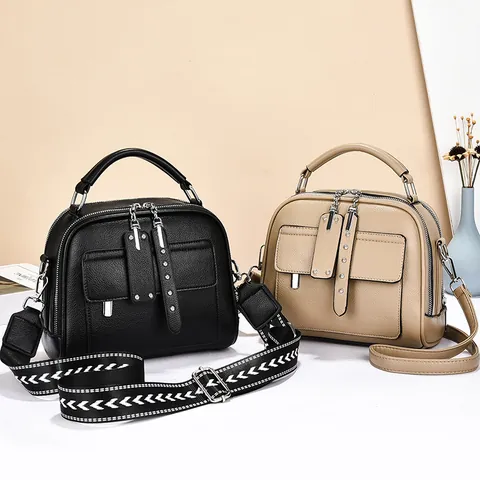Fashion Women PU Leather Crossbody Handbag Multi-Layer Zipper Square Shoulder Bag With Handle And Wide Strap Urban Simple Bag