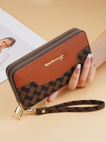Damen Lange PU Leder Geldbörse Mode Bedruckt Patchwork Doppel Reißverschluss Clutch Grosse Kapazität Handtasche Handytasche Mit Handschlaufe