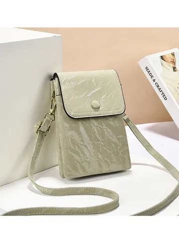 Borsa a Tracolla in Pelle PU da Donna Minimalista Texture Increspata Porta Cellulare con Tasche a Cerniera Multistrato