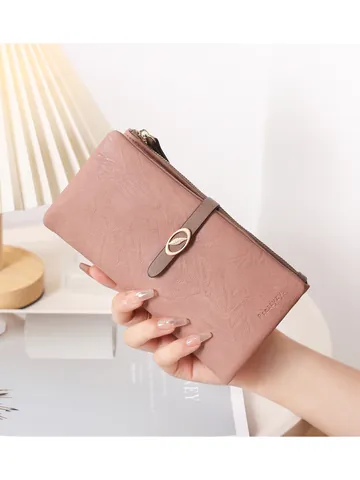 Women Long Wallet PU Synthetic Leather Fashion Clutch Leaf Buckle Bifold Organizer Card Holder Purse With Zip Coin Pocket