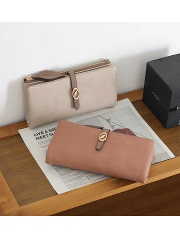 Women Long Wallet PU Synthetic Leather Fashion Clutch Leaf Buckle Bifold Organizer Card Holder Purse With Zip Coin Pocket