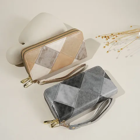 Portefeuille Rétro Patchwork pour Femmes en Cuir PU Double Fermeture Éclair Grande Capacité Pochette Mode Fente pour Multi-Cartes