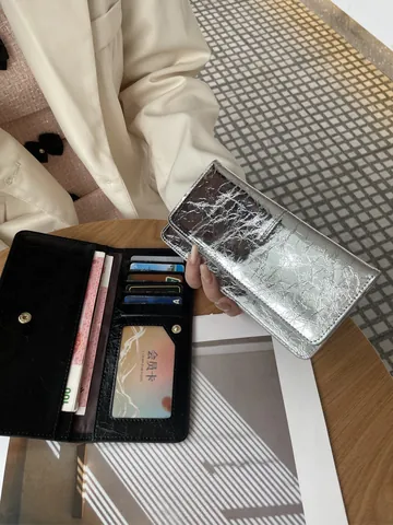 Women Genuine Leather Long Wallet Ultra Thin Cowhide Card Holder Case With Snap Button Crinkle Texture Simple Purse