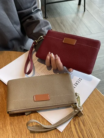 Women Genuine Leather Clutch Bag First Layer Cowhide Litchi Pattern Small Zipper Wristlet Purse For Daily Storage