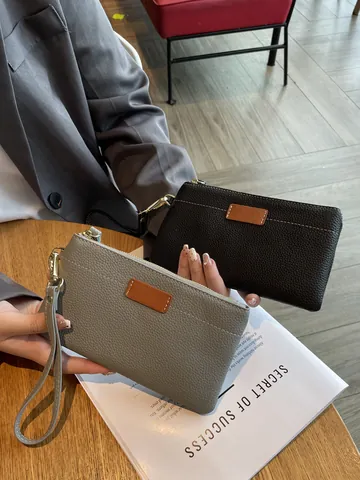 Women Genuine Leather Clutch Bag First Layer Cowhide Litchi Pattern Small Zipper Wristlet Purse For Daily Storage