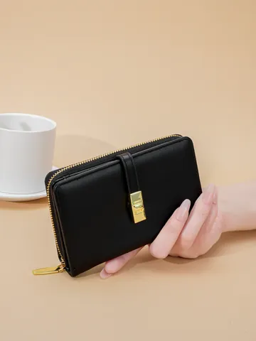 Women Vintage PU Leather Wallet Medium Clutch Purse With Metal Buckle Zip Coin Pocket Multi Card Slots Minimalist Wallet