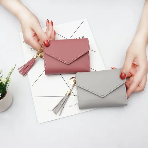 Women Small Fresh PVC Litchi Texture Short Tri-Fold Wallet With Tassel And Heart Buckle Multi-functional Mini Coin Purse
