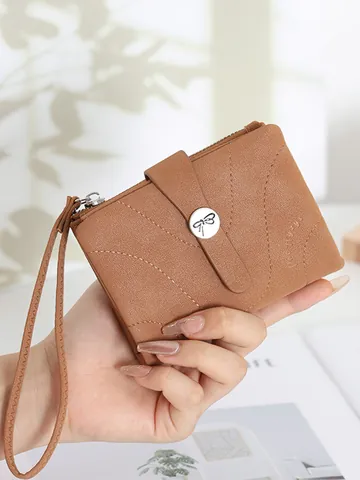 Women's Short PU Leather Wallet Small Butterfly Buckle Coin Purse Credit Card Holder With Hand Strap Stitching Design Small Wallet
