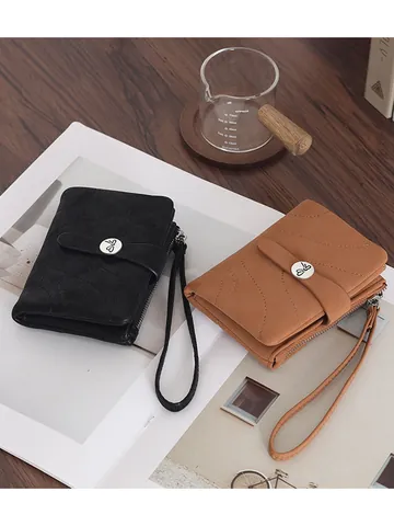 Women's Short PU Leather Wallet Small Butterfly Buckle Coin Purse Credit Card Holder With Hand Strap Stitching Design Small Wallet