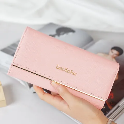 Women Long Wallet Triple Fold Purse With Letter Buckle Saffiano Pattern Multi-Card Slots Clutch Bag For Women Daily Work