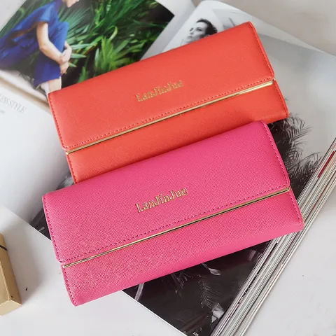 Women Long Wallet Triple Fold Purse With Letter Buckle Saffiano Pattern Multi-Card Slots Clutch Bag For Women Daily Work