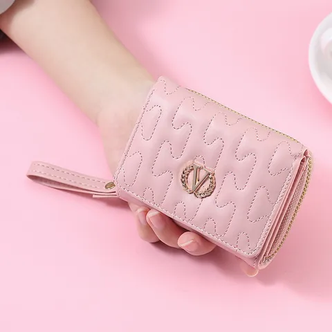 Women Korean Style PU Leather Short Wallet Wave Pattern Stitching Wheat Ear Metal Logo Tri-fold Card Holder Purse