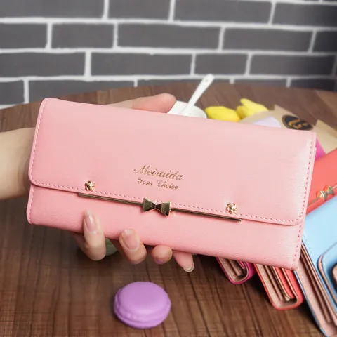 Korean Style Women Long Wallet Sweet Bow Rivet PU Leather Multi Card Slot Purse Clutch For Students Girls Daily Fashion