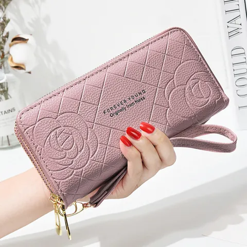Women's Long Wallet Double Zipper High Capacity Phone Pouch PU Leather Flower Embossed Quilted Handbag With Wristlet