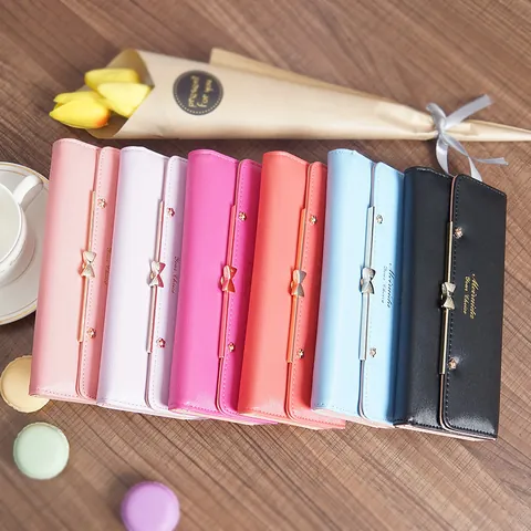 Korean Style Women Long Wallet Sweet Bow Rivet PU Leather Multi Card Slot Purse Clutch For Students Girls Daily Fashion