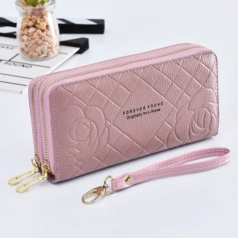 Women's Long Wallet Double Zipper High Capacity Phone Pouch PU Leather Flower Embossed Quilted Handbag With Wristlet