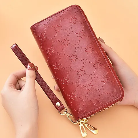 Portefeuille Long pour Femme Double Fermeture Éclair Grande Capacité Cuir PU Gaufrage Étoile Pochette de Mode Porte-cartes