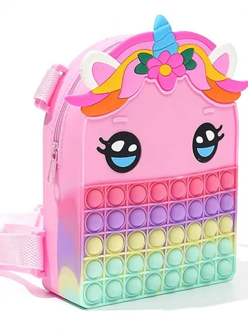 Kids Unicorn Pop-it Silicone Backpack Cute Macaron Gradient Color Stress Relief Toy Bag Cartoon Waterproof Children School Bag