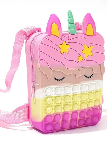 Kids Unicorn Pop-it Silicone Backpack Cute Macaron Gradient Color Stress Relief Toy Bag Cartoon Waterproof Children School Bag