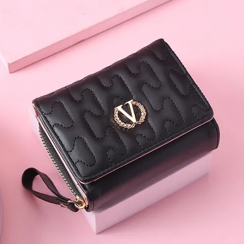 Women Quilted PU Leather Short Wallet With Wristlet Gold V Logo Zip Coin Purse Tri-fold Fashion Mini Clutch Handy Bag