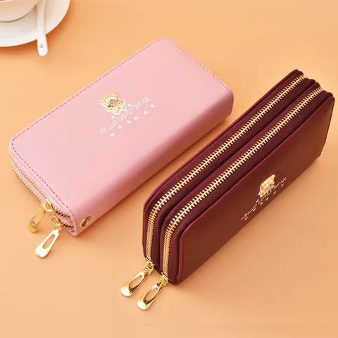 Women's Fashion Long Wallet Fashionable Double Zipper Large Capacity Phone Bag Cartoon Bear PVC Leather Sweet Clutch Bag
