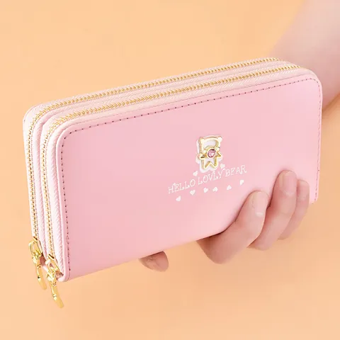 Women's Fashion Long Wallet Fashionable Double Zipper Large Capacity Phone Bag Cartoon Bear PVC Leather Sweet Clutch Bag