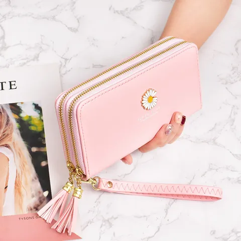 Women Long Wallet Daisy Print PU Leather Clutch Phone Bag With Double Zipper Tassel Wristlet Large Capacity Handbag
