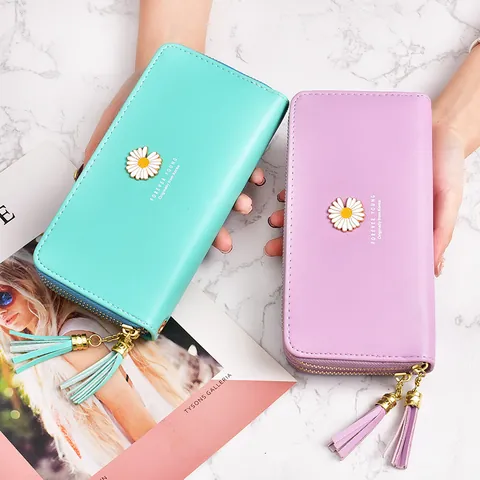 Women Long Wallet Daisy Print PU Leather Clutch Phone Bag With Double Zipper Tassel Wristlet Large Capacity Handbag