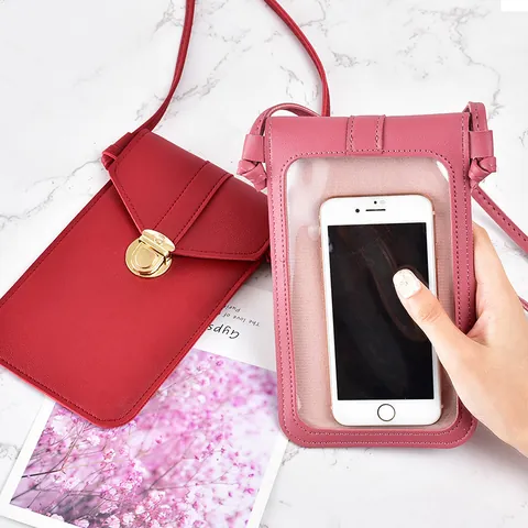 Women Minimalist PVC Touchscreen Mobile Phone Bag Litchi Grain Vertical Square Small Crossbody Bag With Metal Lock Closure