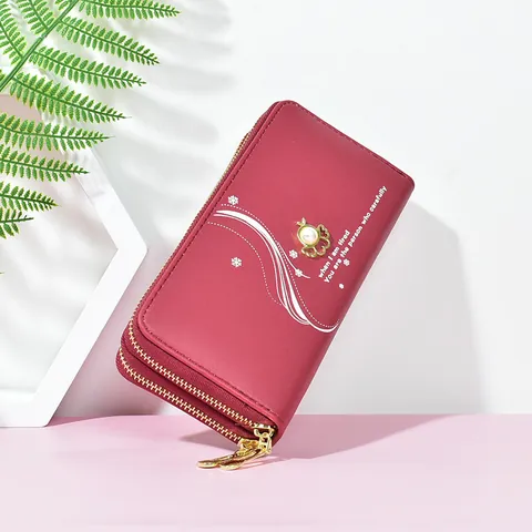 Women's Long Double Zipper Wallet Large Capacity PU Leather Clutch Phone Bag With Pearl Decor Sweet Korean Style Handbag