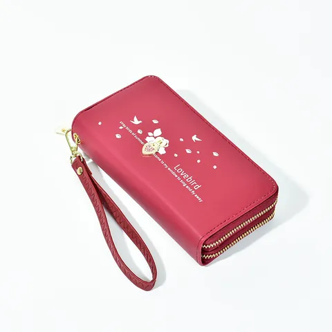Women Long Wallet Double Zipper Large Capacity PVC Leather Phone Bag Sweet Heart Bird Print Handbag With Wristlet