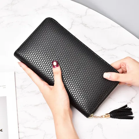 Women Woven Texture Long Wallet Large Capacity Clutch Bag With Tassel Zipper Faux Leather Phone Pouch Solid Color Purse For Lady