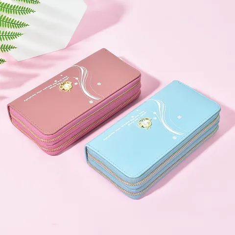 Women's Long Double Zipper Wallet Large Capacity PU Leather Clutch Phone Bag With Pearl Decor Sweet Korean Style Handbag