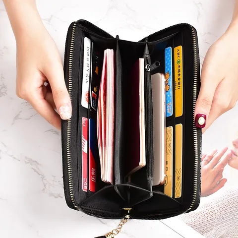 Women Woven Texture Long Wallet Large Capacity Clutch Bag With Tassel Zipper Faux Leather Phone Pouch Solid Color Purse For Lady