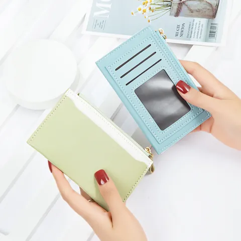 Women Color-Block PU Leather Card Holder Slim Zipper Wallet With ID Window Small Coin Purse For Daily Use Fresh Style Minimalist Wallet