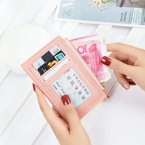 Women Color-Block PU Leather Card Holder Slim Zipper Wallet With ID Window Small Coin Purse For Daily Use Fresh Style Minimalist Wallet