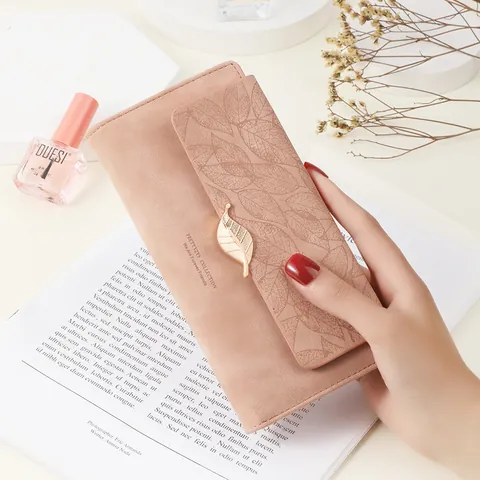 Women's Retro PU Leather Long Wallet Metal Leaf Buckle Embossed Floral Clutch Purse Large Capacity Travel Handbag For Women