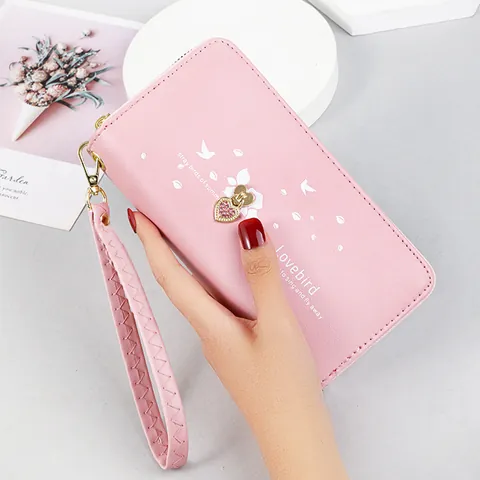 Women's Long Wallet Large Capacity PU Leather Phone Bag with Heart Print Rhinestone Pendant and Wristlet Strap Clutch