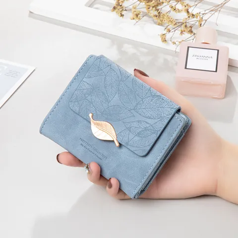 Women Short Wallet Minimalist Vintage Frosted PU Leather Purse With Metal Leaf Buckle Multi Card Slot Coin Pocket For Ladies