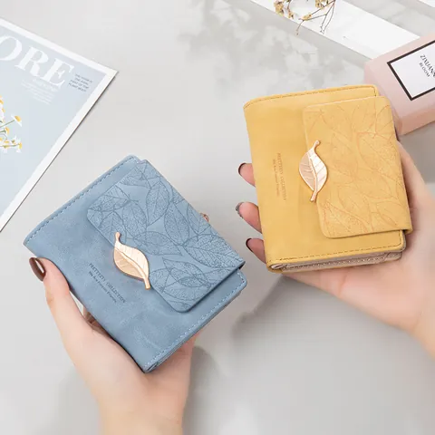 Women Short Wallet Minimalist Vintage Frosted PU Leather Purse With Metal Leaf Buckle Multi Card Slot Coin Pocket For Ladies