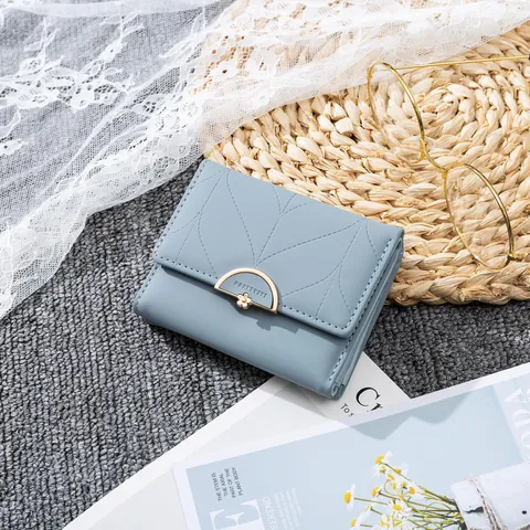 Cartera Corta Para Mujer Dulce De Cuero PU Tríptico Monedero Broche De Metal Flor Tarjetero Pequeña Hoja Costura Cartera Para Estudiantes