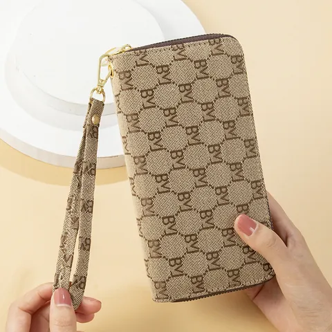 Cartera Larga para Mujer Doble Cremallera PVC Estampado de Letras Gran Capacidad Bolso de Mano Bolsa de Teléfono Moda Vintage