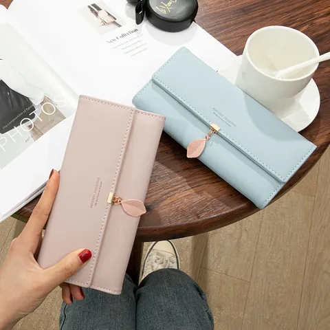 Women's Long PU Leather Trifold Wallet with Leaf Pendant Large Capacity Fresh Korean Style Student Handbag Clutch Purse