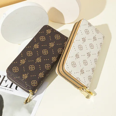 Women's Long PU Leather Clutch Bag Double Zipper Large Capacity Floral Print Wallet Mobile Phone Pouch With Wrist Strap
