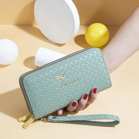 Women's Fashion Woven Texture PU Leather Long Wallet Double Zipper Large Capacity Clutch Bag with Swallow Logo Bloom Lane Style